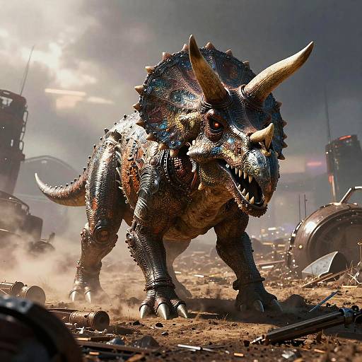 CGI image of a massive, armored, blue-scaled rhino-like creature with large horns, standing in a dusty, post-apocalyptic, war