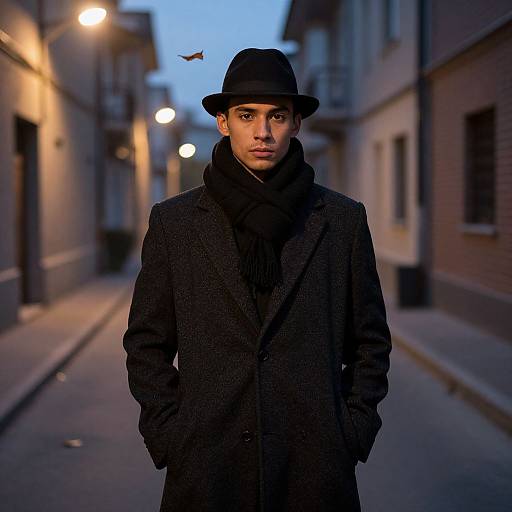 Photograph of a young man in a black coat and hat, standing on an evening urban street with blurred streetlights and buildings.