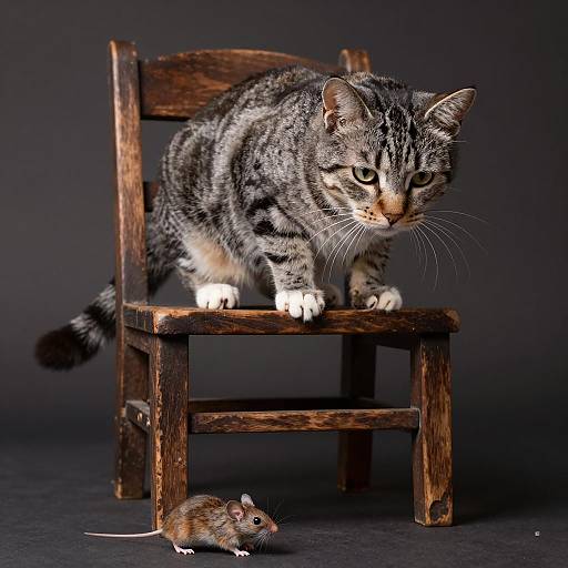 Tabby Cat on Chair Eyeing Mouse on Floor