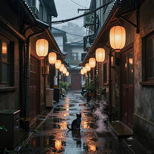 Rainy Anime Alleyway with Cat