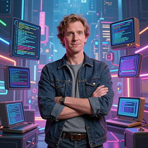 Photograph of a smiling, middle-aged man with wavy brown hair, wearing a denim jacket over a gray shirt, standing in a futuristic, neon