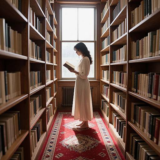 Solitary Woman Reading in Sunlit Library