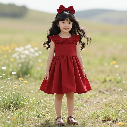 Photograph of a young Asian girl with long black hair, wearing a red dress and bow, standing in a sunny meadow with wildflowers.