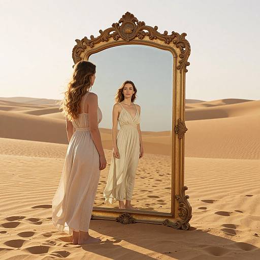 Photograph of a woman with long brown hair in a white, flowing dress, standing in a desert, facing an ornate, gold-framed mirror