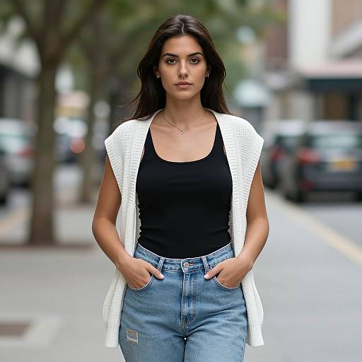 Photograph of a confident woman with long dark hair, wearing a black tank top, white knitted vest, and blue jeans, standing on a blurred