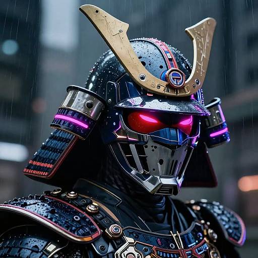 Digital illustration of a futuristic samurai in rain, wearing black armor with gold horns, glowing red eyes, and purple accents.