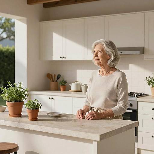 Photograph of an elderly woman with white hair, wearing a beige sweater, standing in a bright, modern kitchen with white cabinets, potted plants on