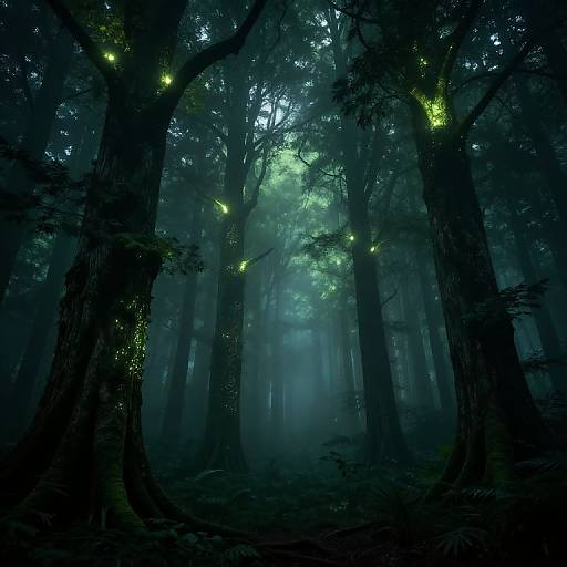 Mysterious, dark forest scene with glowing fireflies on tree branches; misty, blue-green lighting; tall, shadowy trees; ethereal,