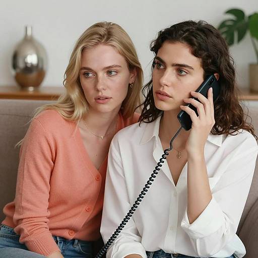 Two Women on Corded Phone Conversation