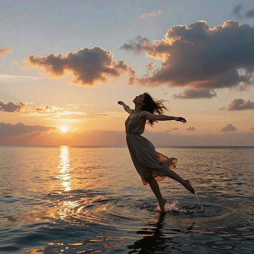 Photograph of a woman in a flowing dress joyfully leaping into calm ocean water at sunset, with golden sun, orange sky, and scattered clouds