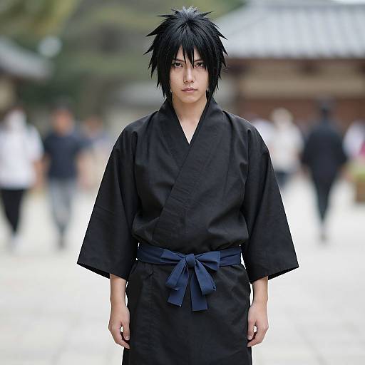 Photograph of a young Asian man with spiky black hair, wearing a black kimono with a blue obi belt, standing in a blurred outdoor