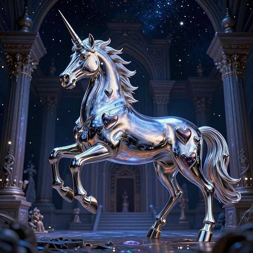 Photorealistic digital artwork of a shiny, metallic silver unicorn with heart-shaped patterns, galloping in a grand, starry archway.