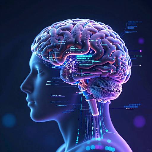 Neon-lit, digital CGI of a human head in profile, showcasing a glowing, futuristic brain with intricate circuitry and text overlays against a dark