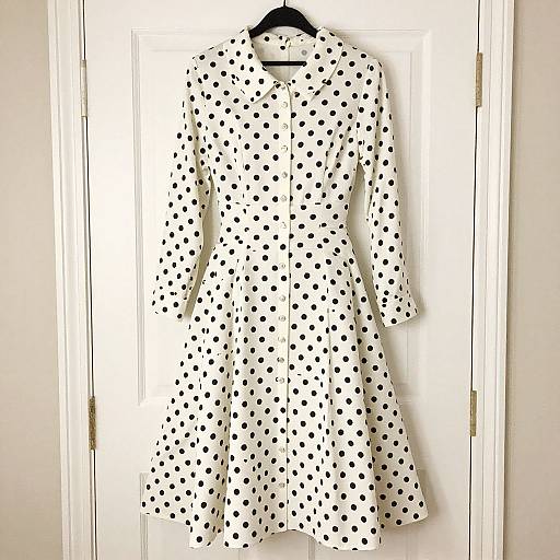 Photograph of a white, long-sleeved dress with black polka dots, hanging on a black hanger against a white door.