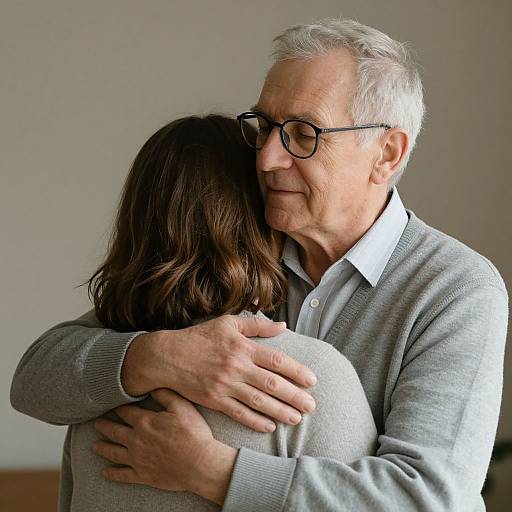 Photograph of an elderly white man with gray hair and black-framed glasses, embracing a woman with brown hair from behind, both smiling softly in a