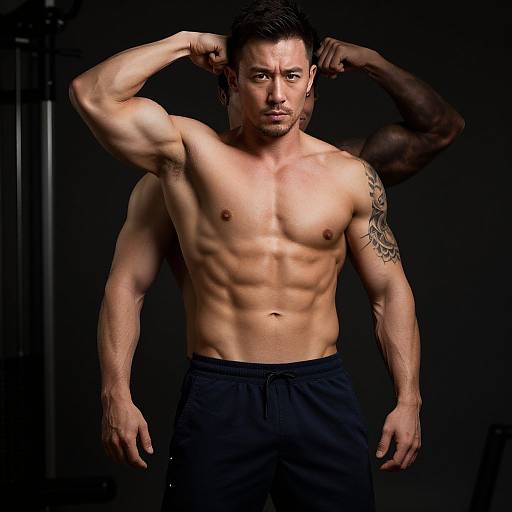 Photograph of a muscular, shirtless Asian man with a tattoo on his right arm, flexing his biceps against a dark background, wearing black