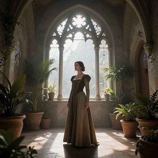 Photograph of a woman in a Renaissance-style brown gown standing in a sunlit, arch-windowed, medieval-style greenhouse with potted plants.
