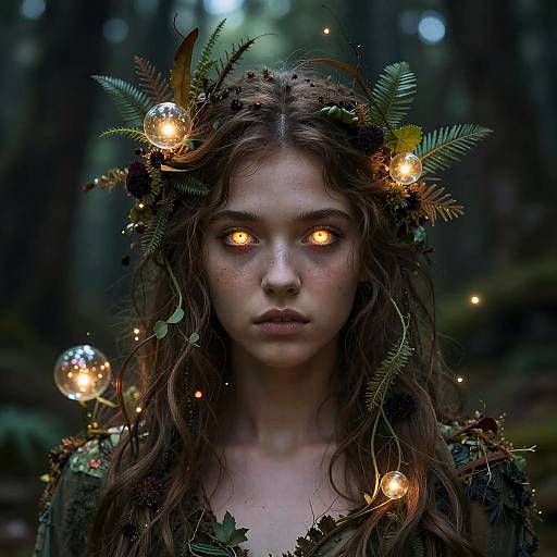 Photograph of a young woman with glowing orange eyes, wearing a forest-themed crown with pine leaves, fairy lights, and glowing orbs, in a dim