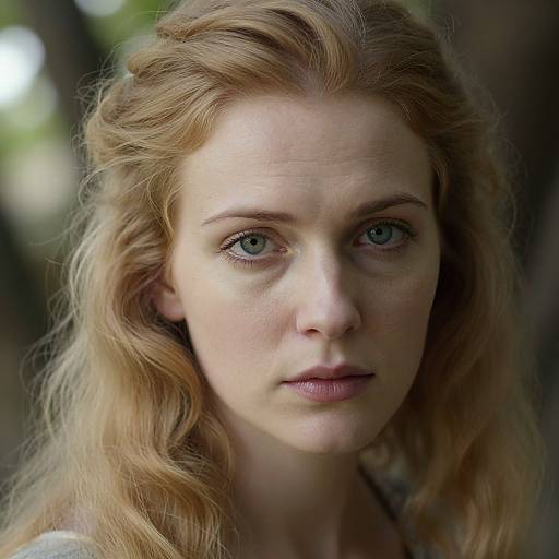 Photograph of a fair-skinned, red-haired woman with blue eyes, wavy hair, and neutral expression, set against a blurred, green outdoor