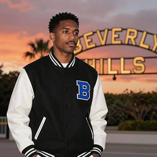 Man in Varsity Jacket at Sunset