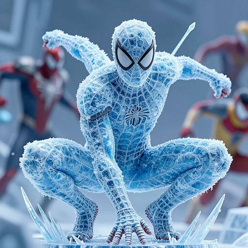 Digital CGI of a blue, wireframe Spider-Man crouching amid glowing ice crystals, with blurred, colorful superhero figures in the background.
