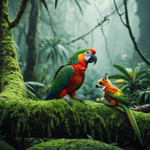 Vibrant Jungle Scene with Parrot and Fox