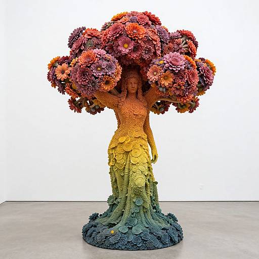 Photograph of a vibrant, multi-colored floral sculpture with a woman's face hidden among large, textured flowers, blending orange, pink, yellow, and