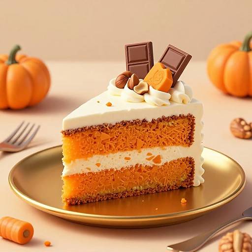 Photograph of a vibrant orange carrot cake slice with white frosting, topped with chocolate bars and nuts, on a gold plate, surrounded by pumpkins and