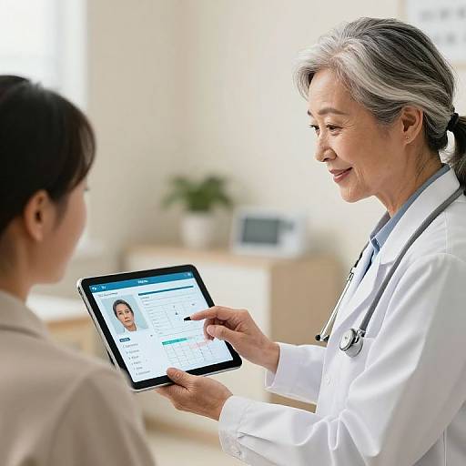 Photograph of an elderly Asian female doctor with gray hair, smiling, holding a tablet showing a patient's profile, in a bright, modern clinic.