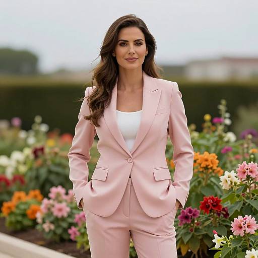 Confident Woman in Pink Business Suit in Garden