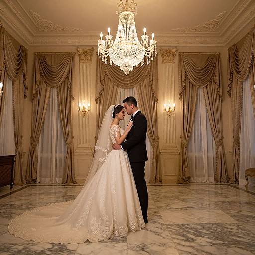 Photograph of a bride in a white lace gown and veil, and groom in a black suit, kissing in an opulent ballroom with a grand