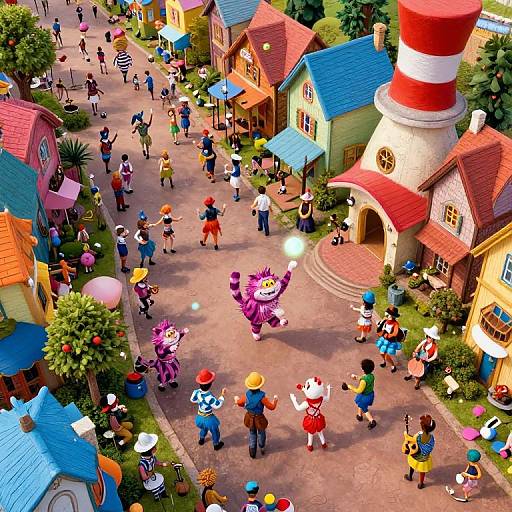 Vibrant CGI illustration of a colorful, whimsical street with cartoon characters, houses, a red-and-white lighthouse, and lively town activities.