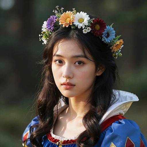 Photograph of an Asian woman with long black hair, wearing a floral crown, blue dress with white collar, and red trim, set against a blurred