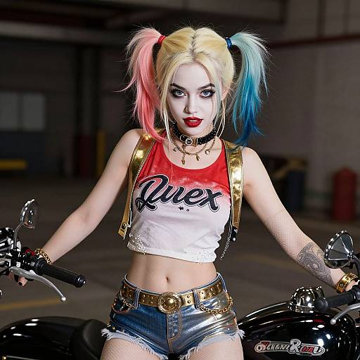 Digital art of Harley Quinn with pink-blue pigtails, red-white crop top, 