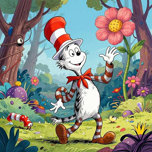 Colorful cartoon of a striped white cat in a red hat and bowtie, smiling, waving in a vibrant forest with oversized flowers and mushrooms. Bright