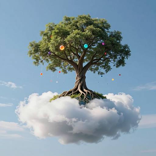 Digital artwork of a lush, green tree with colorful balloons hanging from its branches, floating on a white cloud against a clear blue sky.
