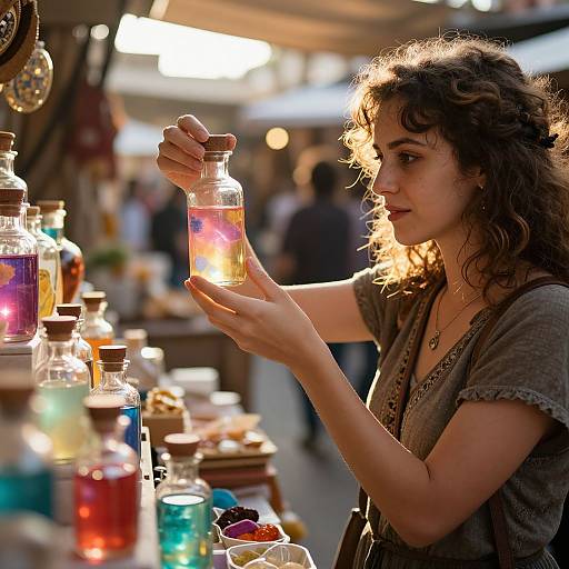 Photograph of a curly-haired, fair-skinned woman with brown eyes, wearing a gray top, examining a glowing bottle in a sunlit market stall