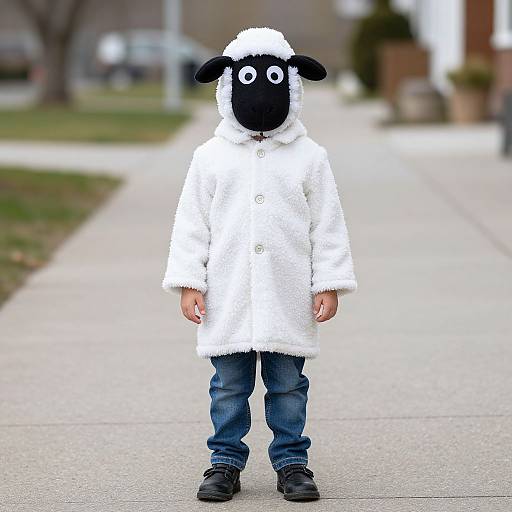 Photograph of a young child wearing a white, fluffy sheep costume with black face mask and ears, blue jeans, and black shoes, standing on a