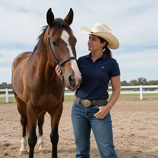 Photograph of a smiling woman in a white cowboy hat, dark blue polo, and jeans, standing beside a brown horse with a white blaze on its