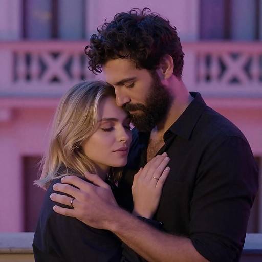 Tender Balcony Embrace in Pink Light