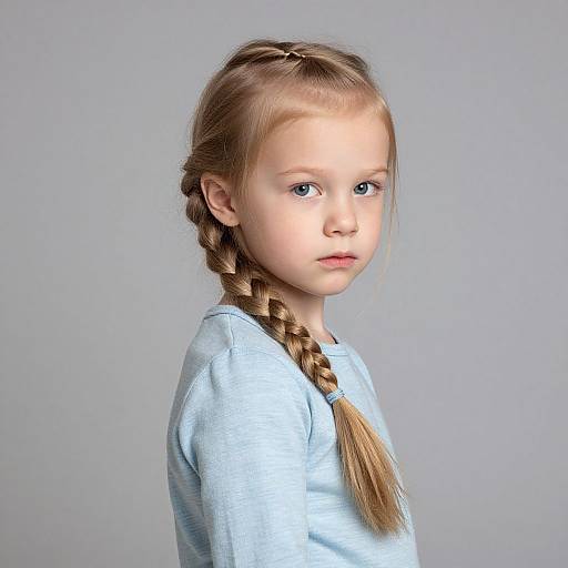 Photograph of a young blonde girl with blue eyes, light skin, and a single braid, wearing a light blue shirt, against a plain gray
