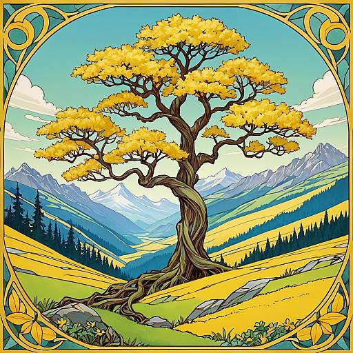 Art Nouveau Tree in Mountain Landscape