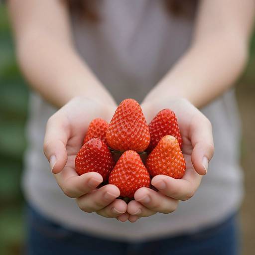 Photograph of a person's pale hands holding a cluster of vibrant red, textured strawberries, with blurred green background and gray shirt.