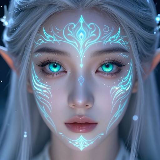 Digital artwork of an ethereal elf woman with glowing blue face markings, piercing blue eyes, and long white hair, set against a dark background. Her