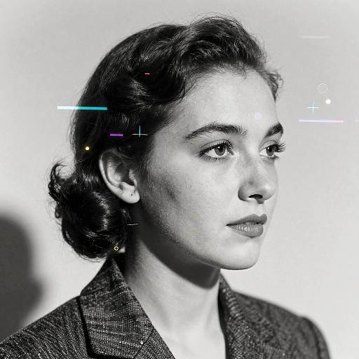 Black-and-white photograph of a 1940s-style woman with wavy dark hair, wearing a textured blazer, gazing to the right.