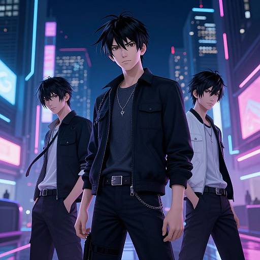 Anime-style digital illustration of three young men with black hair and serious expressions, standing in a neon-lit cityscape. They wear black and white outfits
