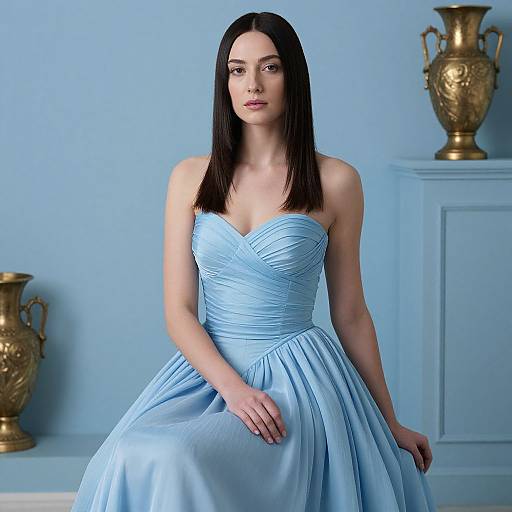 Photograph of a fair-skinned woman with straight black hair, wearing a strapless, light blue, ruched gown, sitting in a light