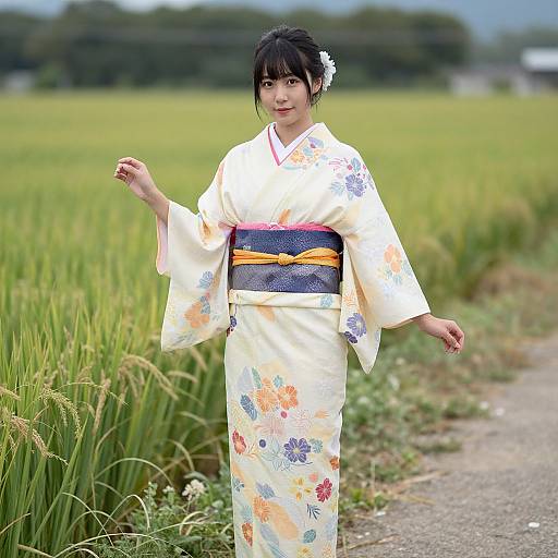 Photograph of an Asian woman in a floral yellow kimono with a navy and orange obi, standing in a green rice field, smiling, with