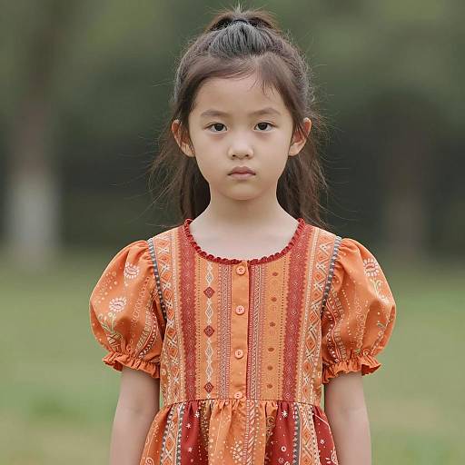 Asian Girl in Orange and Red Dress Outdoors