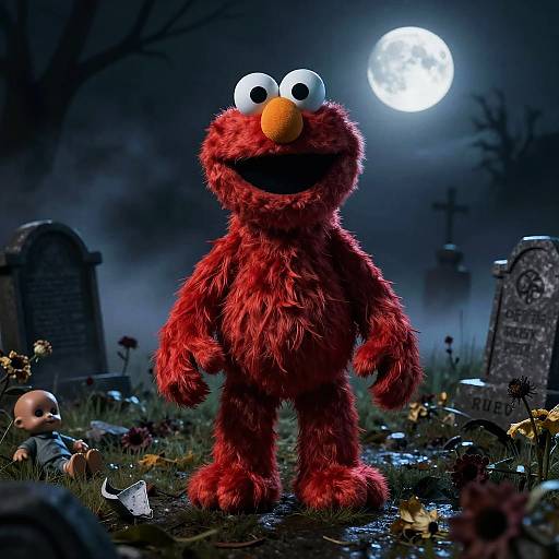 Killer Elmo in Foggy Graveyard